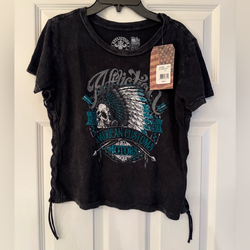 Affliction American Customs Vision Quest Top Women's Black Tee Size Medium - Picture 4 of 13